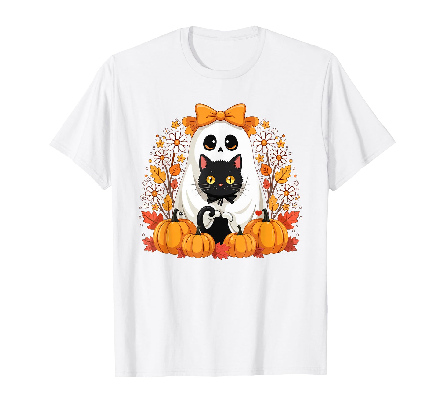 Aesthetic Flower Ghost Holding Black Cat Halloween Women T-Shirt