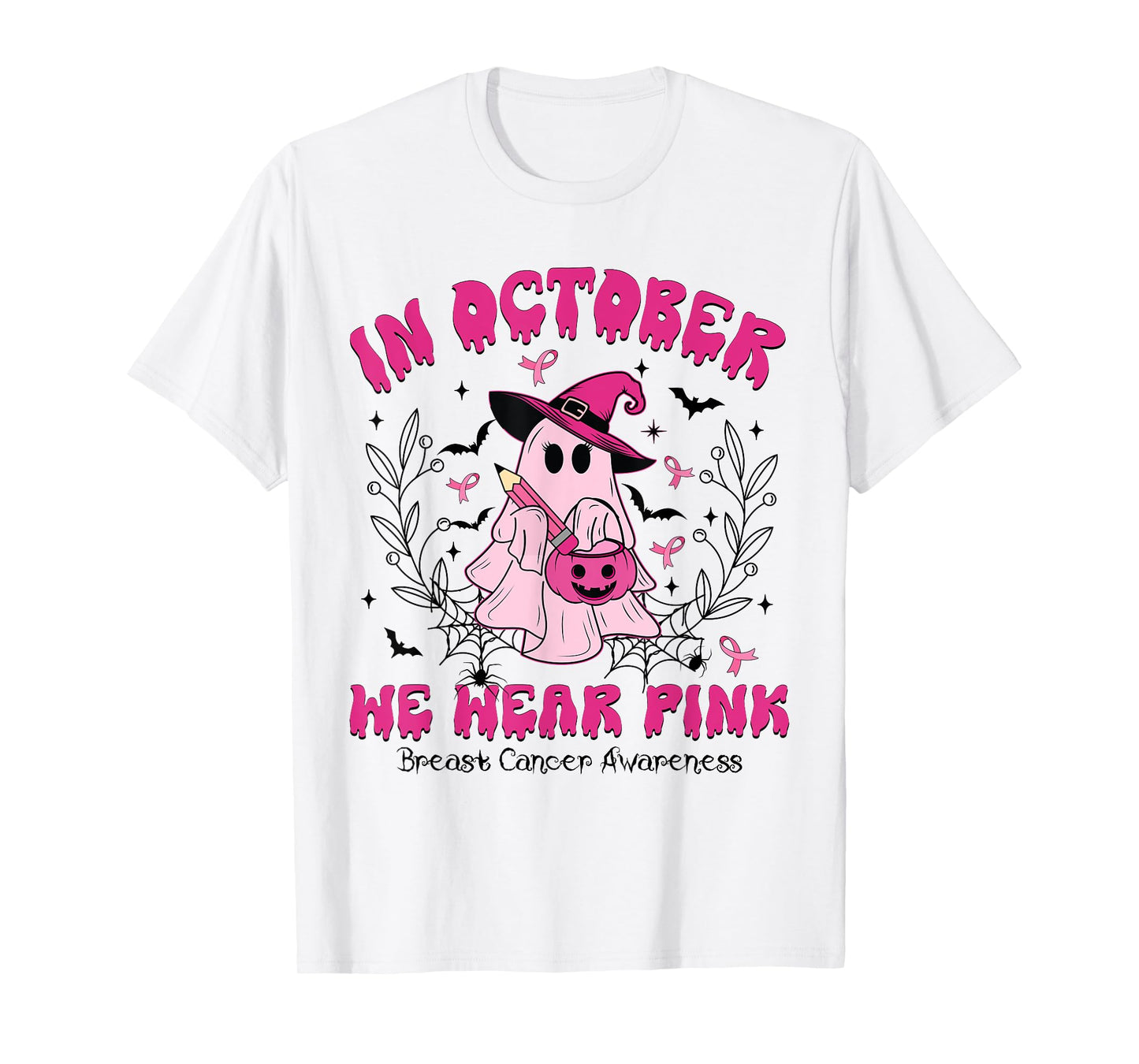 Teacher Boo Ghost In October We Wear Pink Breast Cancer T-Shirt