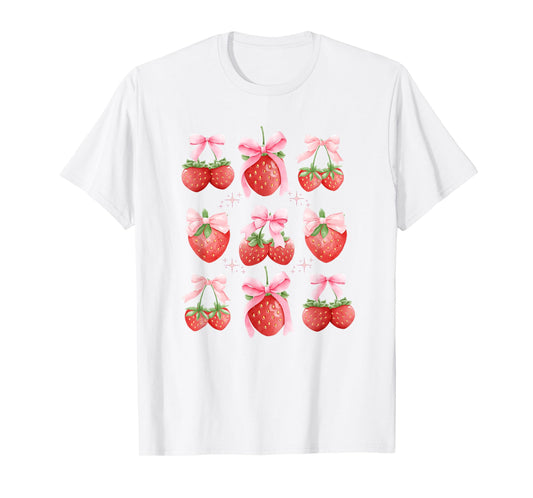 Cute Pink Bow Coquette Strawberry Clean Girl Aesthetic T-Shirt
