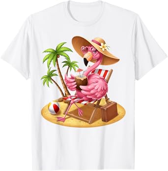 Pink Flamingo Beach Summer Vibes Palm Tree Tropical Summer T-Shirt