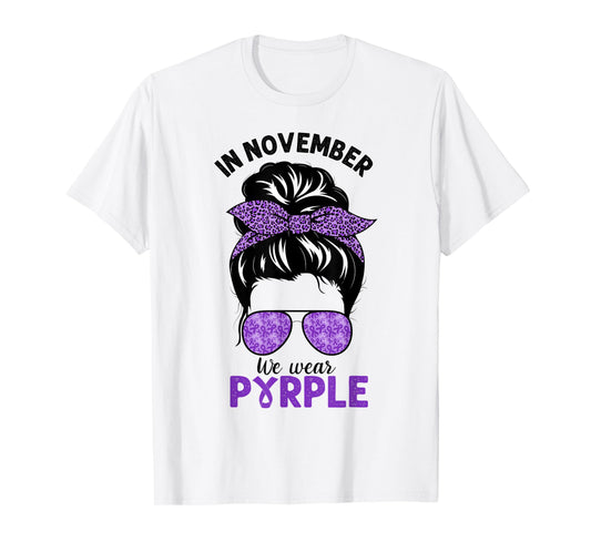In November We Wear Purple Pancreatic Cancer Messy Bun T-Shirt