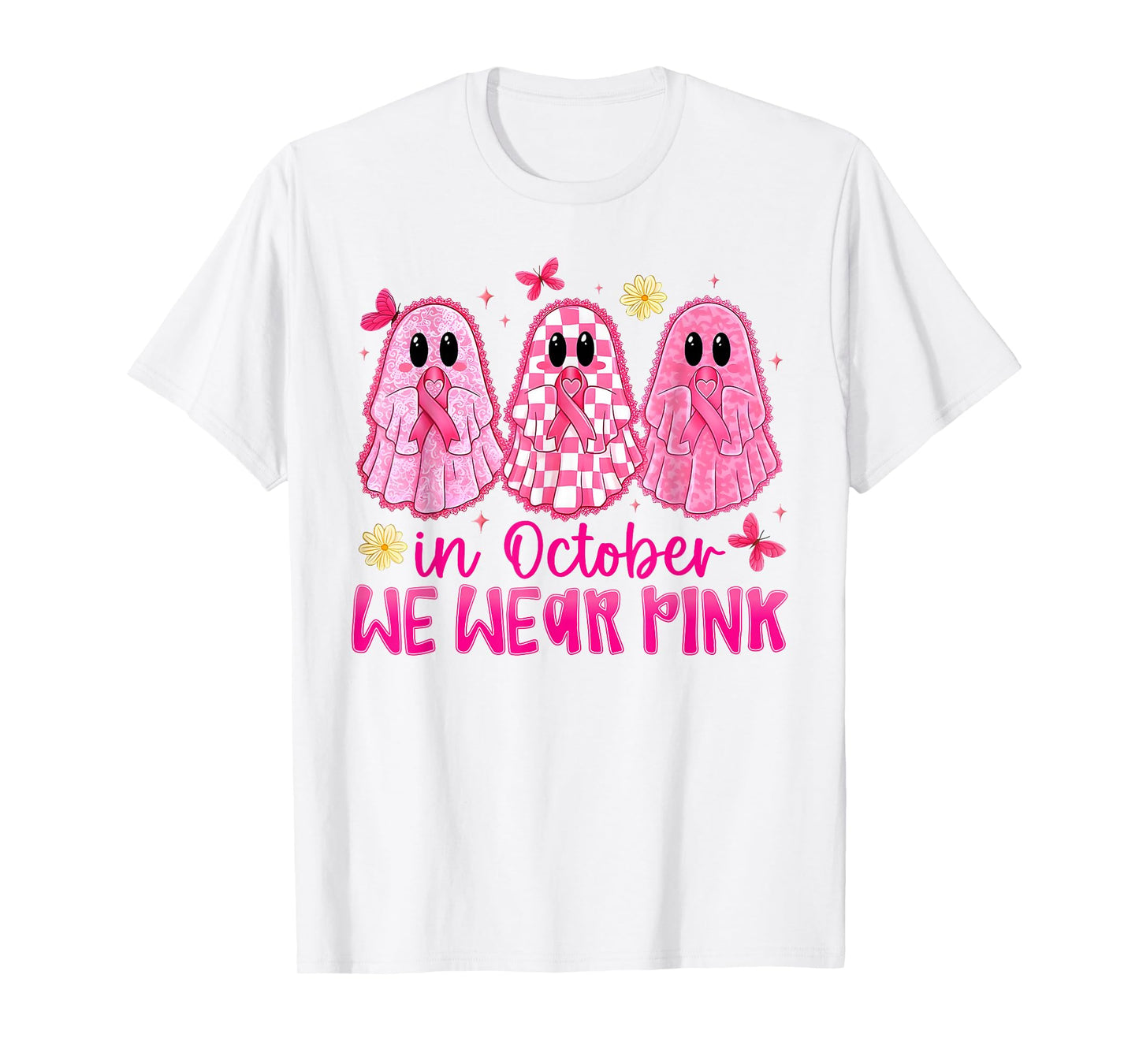 in October We Wear Pink Ghosts Halloween Breast Cancer Women T-Shirt