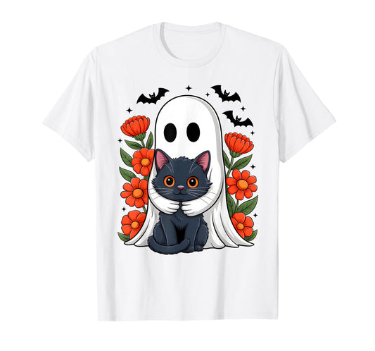 Cute Floral Ghost Spooky Cat Halloween Costume Girls Women T-Shirt