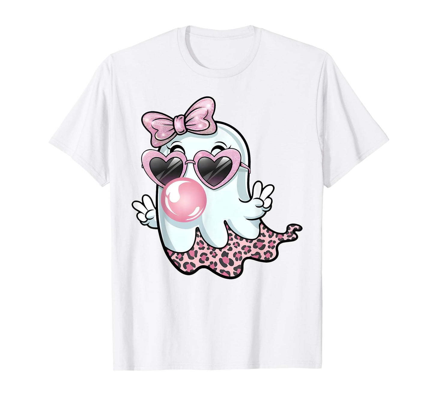 Cute Girly Leopard Ghost Blowing Bubble Gum Halloween Kids T-Shirt