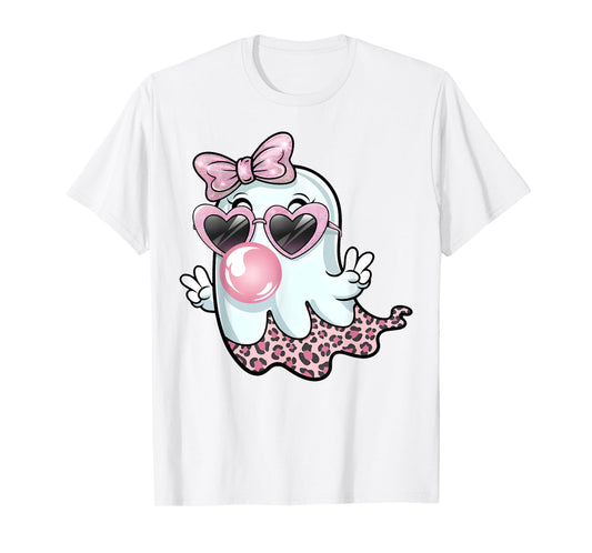 Cute Girly Leopard Ghost Blowing Bubble Gum Halloween Kids T-Shirt