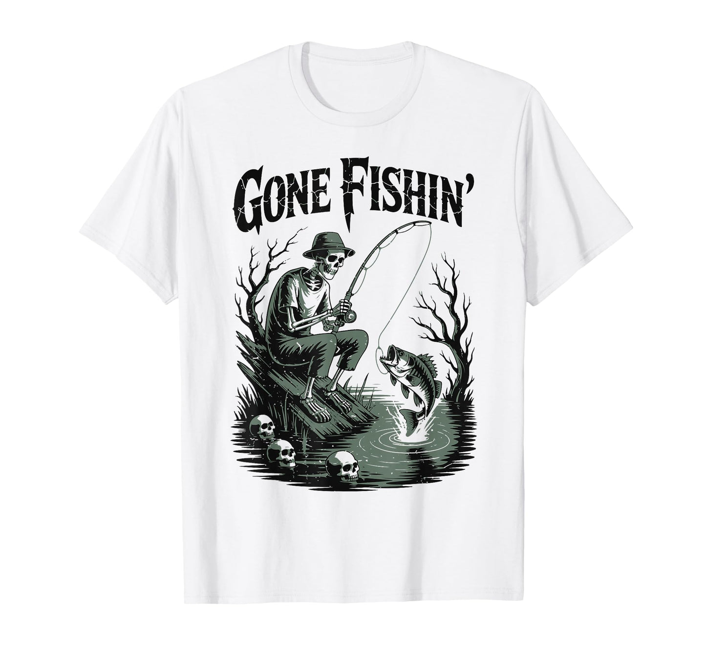 Men's Gone Fishing Skeleton Halloween Bass Fish Boy Toddler T-Shirt
