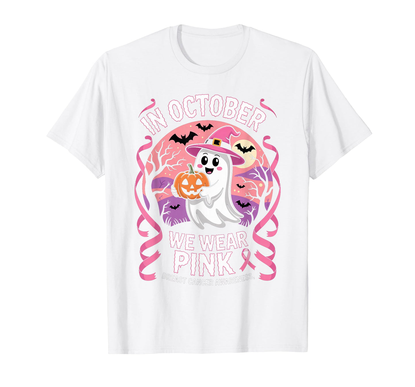 in October We Wear Pink Ghost Halloween Awareness Women T-Shirt