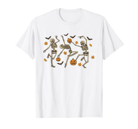 Dancing Skeletons with Pumpkins and Autumn Leaves T-Shirt