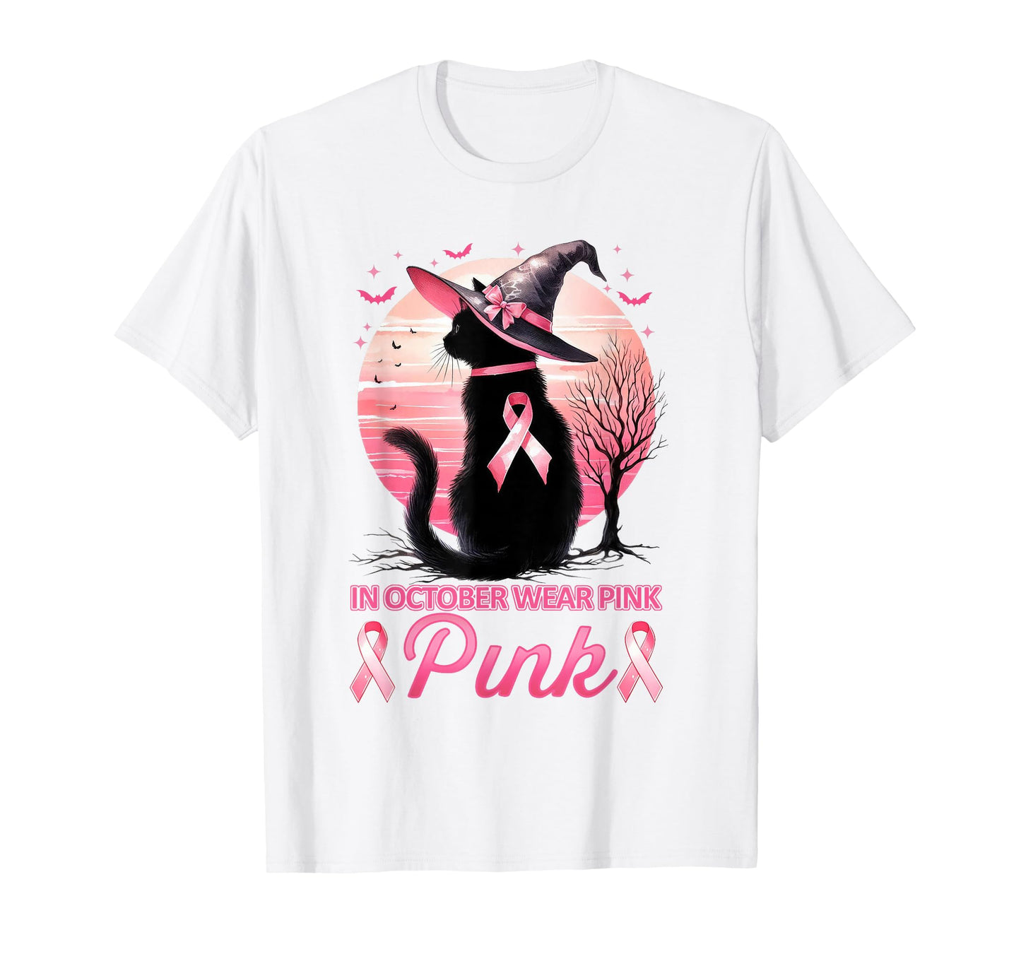 Cat In October We Wear Pink Ribbon Breast Cancer Awareness T-Shirt