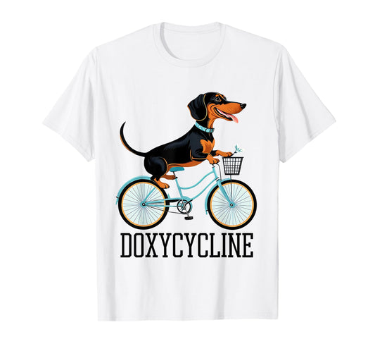 Dachshund on Bicycle Doxycycline Pharmacy Pun DogPharmacist T-Shirt