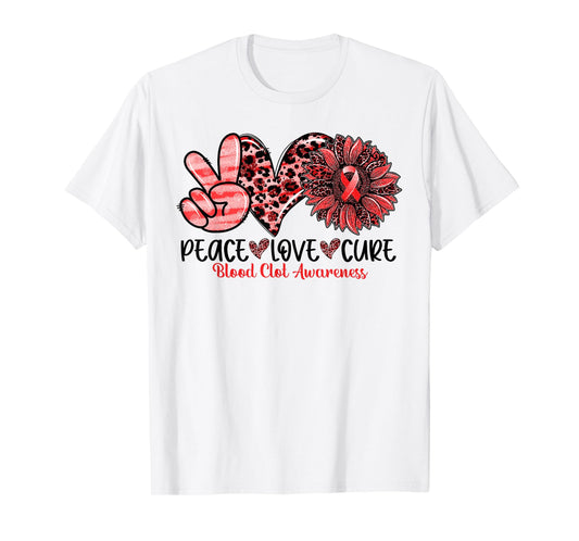 Peace Love Cure Sunflower Red Ribbon Blood Clot Awareness T-Shirt