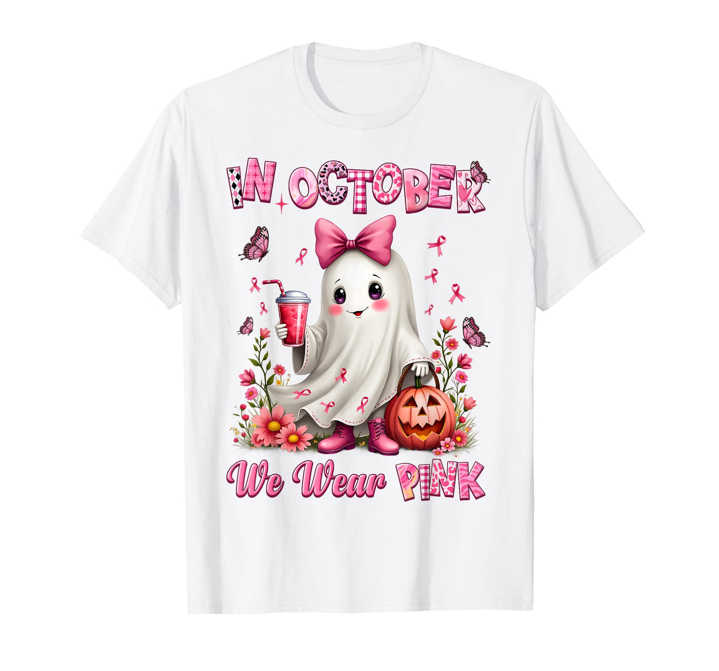 In October We Wear Pink Ghost Breast Cancer Awareness T-Shirt