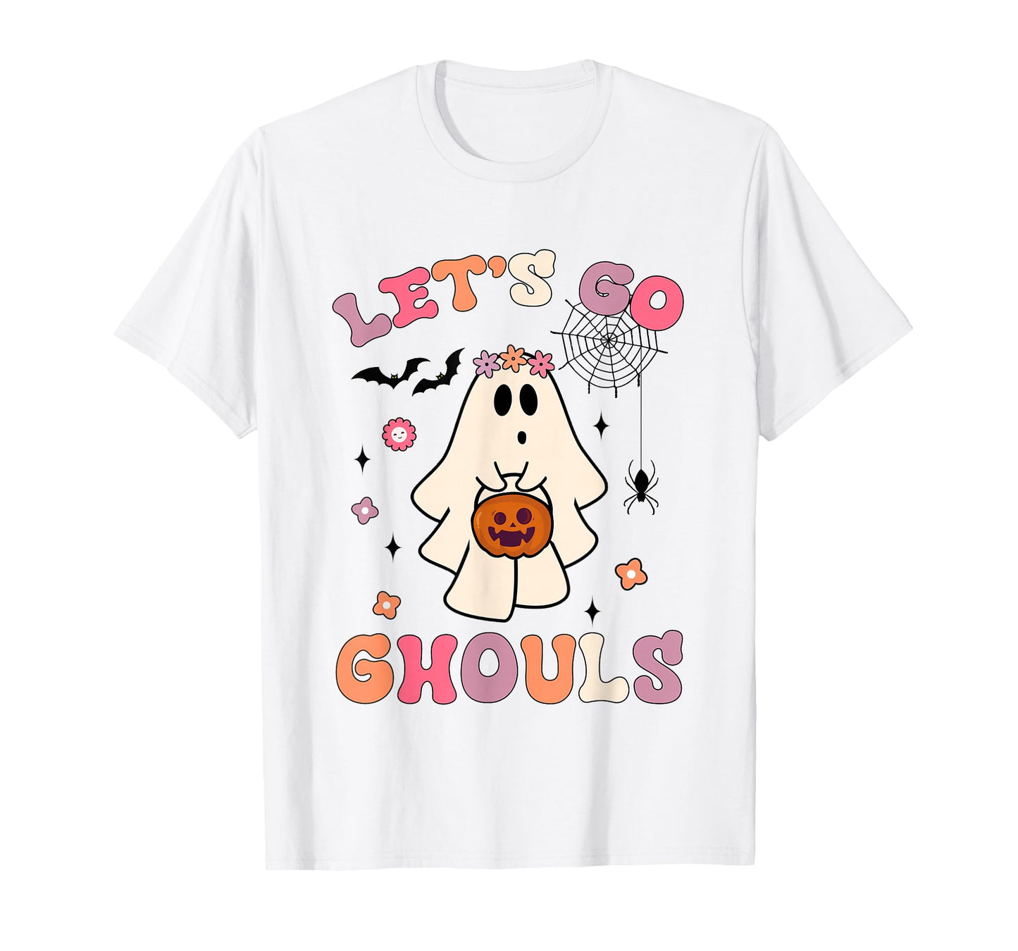 Halloween Ghost Holding Pumpkin Retro Groovy Let's Go Ghouls T-Shirt