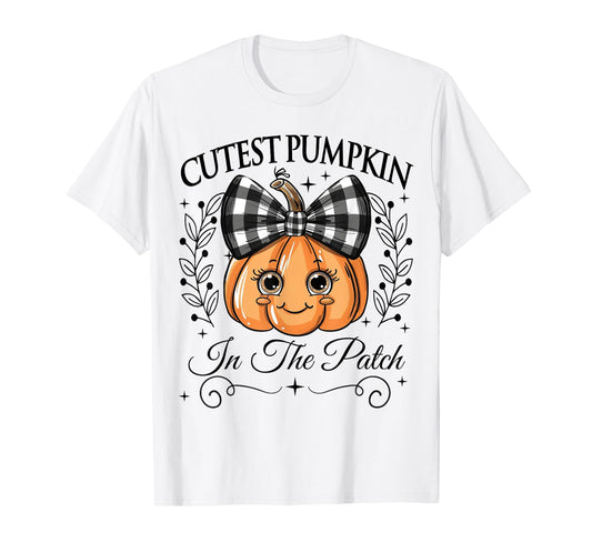 Cutest Pumpkin In The Patch Halloween Fall Bow Kids Girls T-Shirt