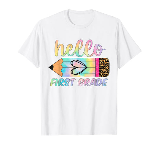 Back To School Hello First 1ST Grade Leopard Tie Dye Teacher T-Shirt
