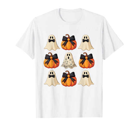 Coquette Bow Pumpkin Autumn Women Girls Halloween Ghost T-Shirt