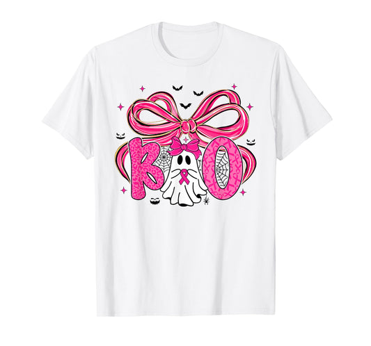 Coquette Bow Ghost Boo Breast Cancer Awareness Halloween T-Shirt