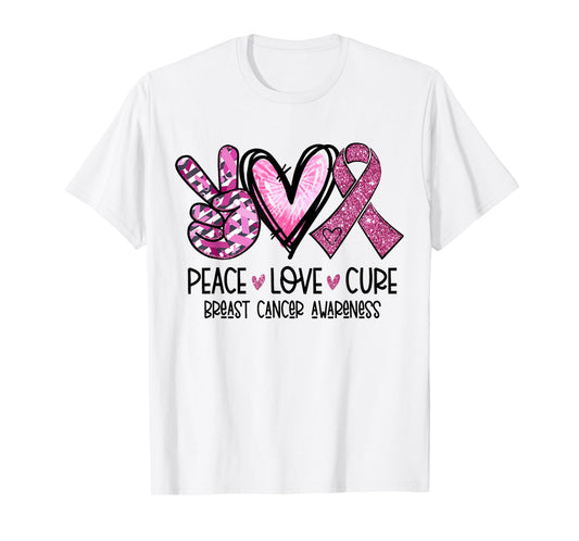 Peace Love Cure Pink Ribbon Cancer Breast Awareness T-Shirt