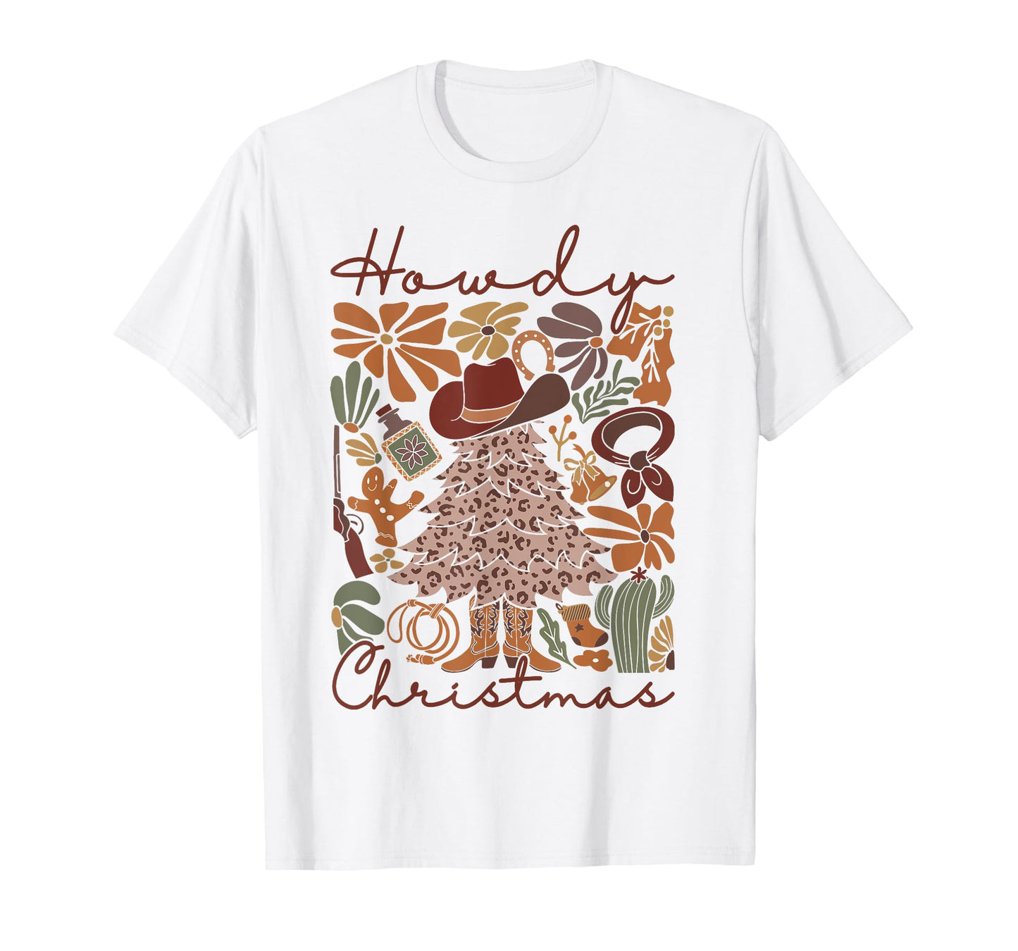 Western Santa Hat Howdy Christmas Tree Boho Flower Cowboy T-Shirt