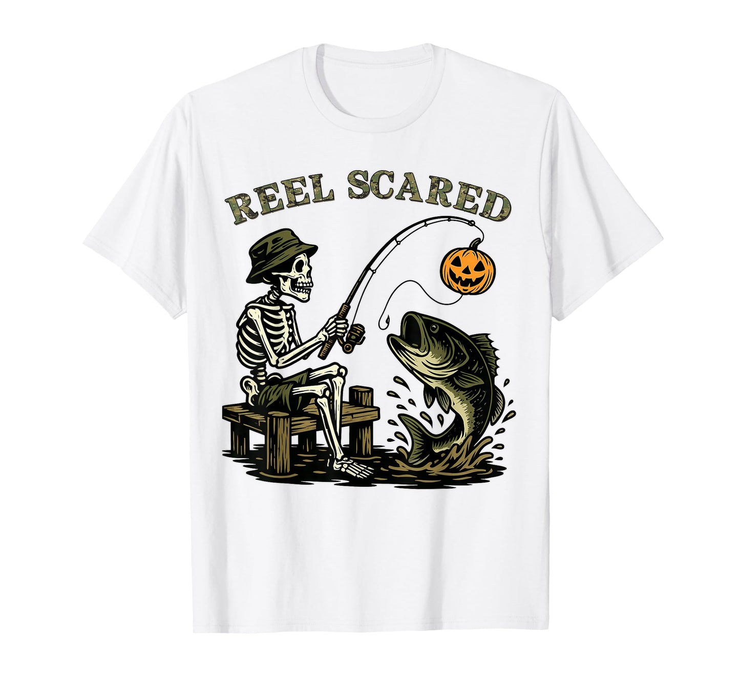 Reel Scared Camo Halloween Fishing Bass Skeleton Fisherman T-Shirt