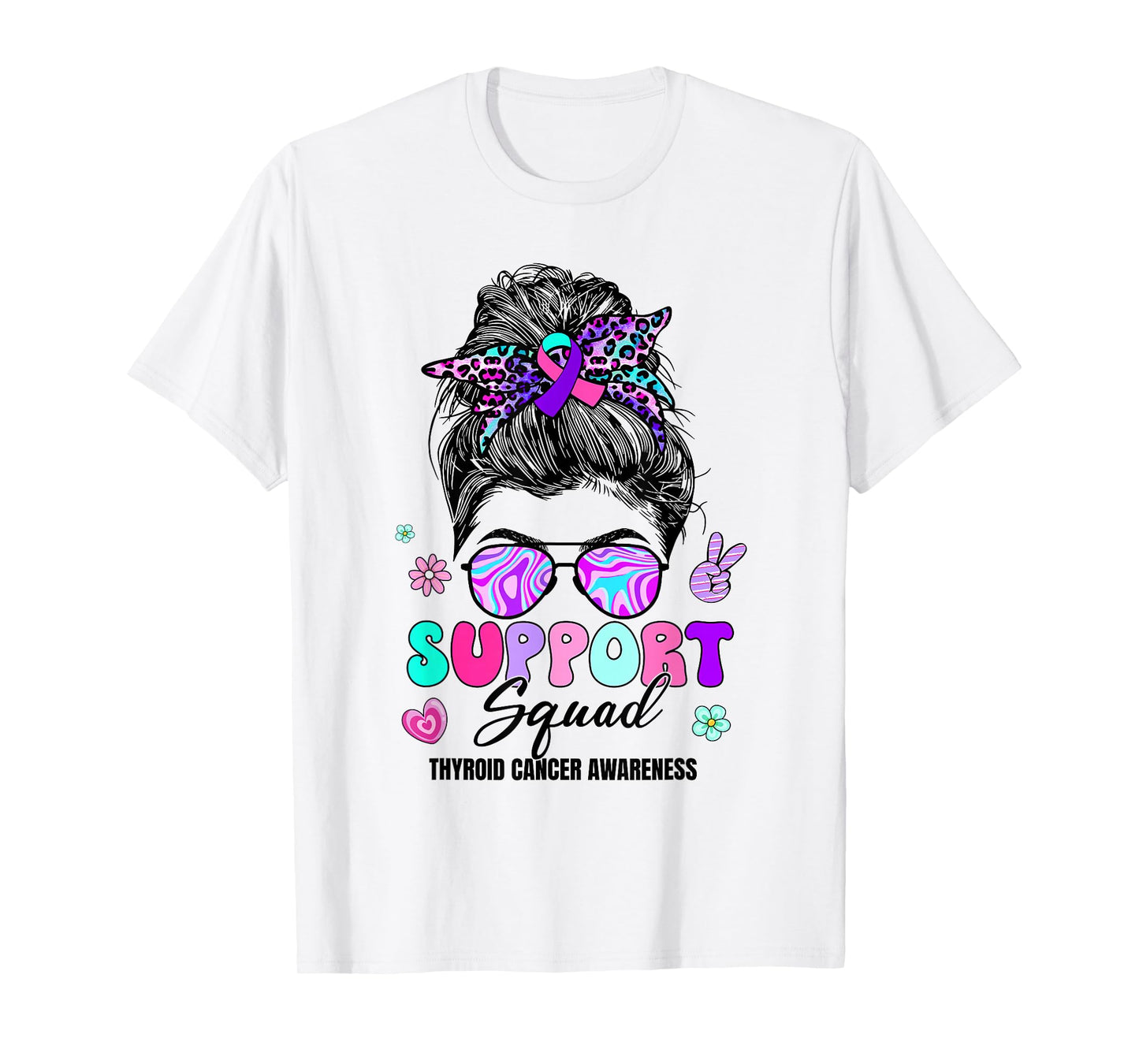 Support Squad Messy Bun Thyroid Cancer Awareness Groovy T-Shirt