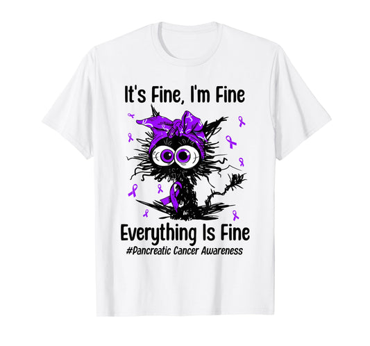 Motivational Pancreatic Cancer Awareness Cat Ribbon Purple T-Shirt