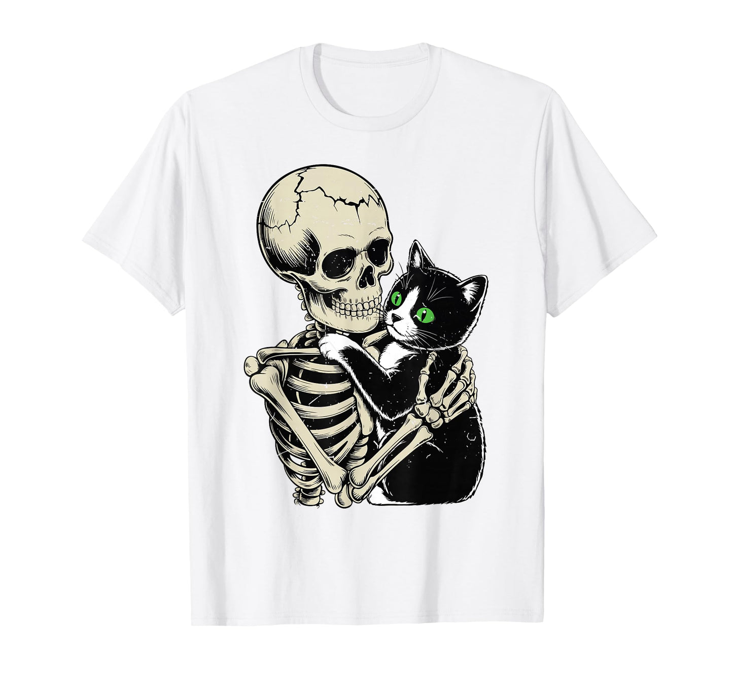 Funny Tuxedo Cat Halloween Skeleton Hugging Cat Dad Mom Gift T-Shirt