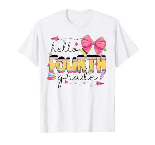 Back To School Hello Fourth Grade Teacher Coquette Bow T-Shirt
