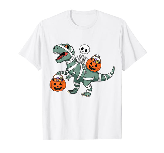 Skeleton Riding Mummy Dinosaur T rex Halloween Funny Pumpkin T-Shirt