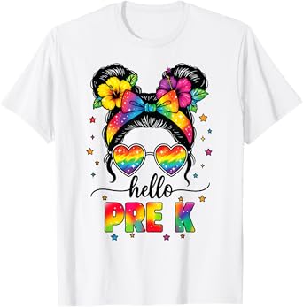 Hello Pre-K Messy Bun First Day Of School Teacher Kids T-Shirt