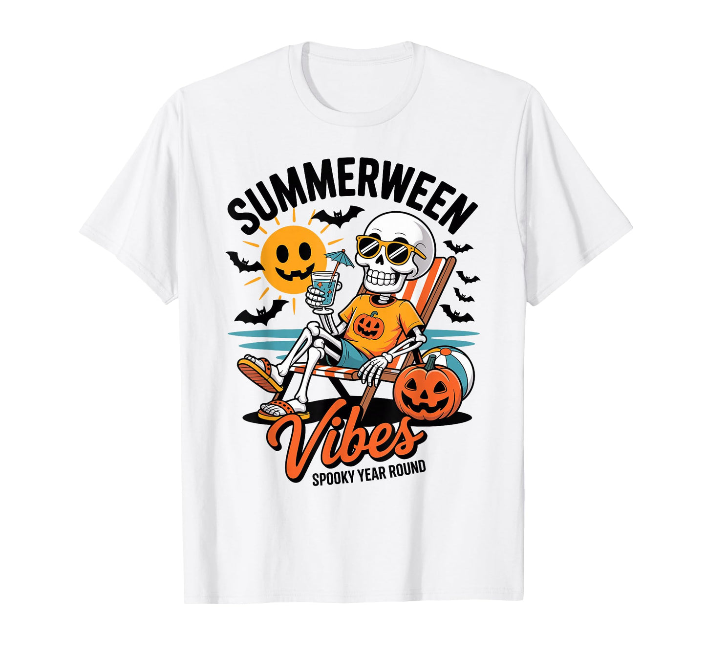 Summerween Vibes Skeleton on The Beach Spooky Year Round T-Shirt
