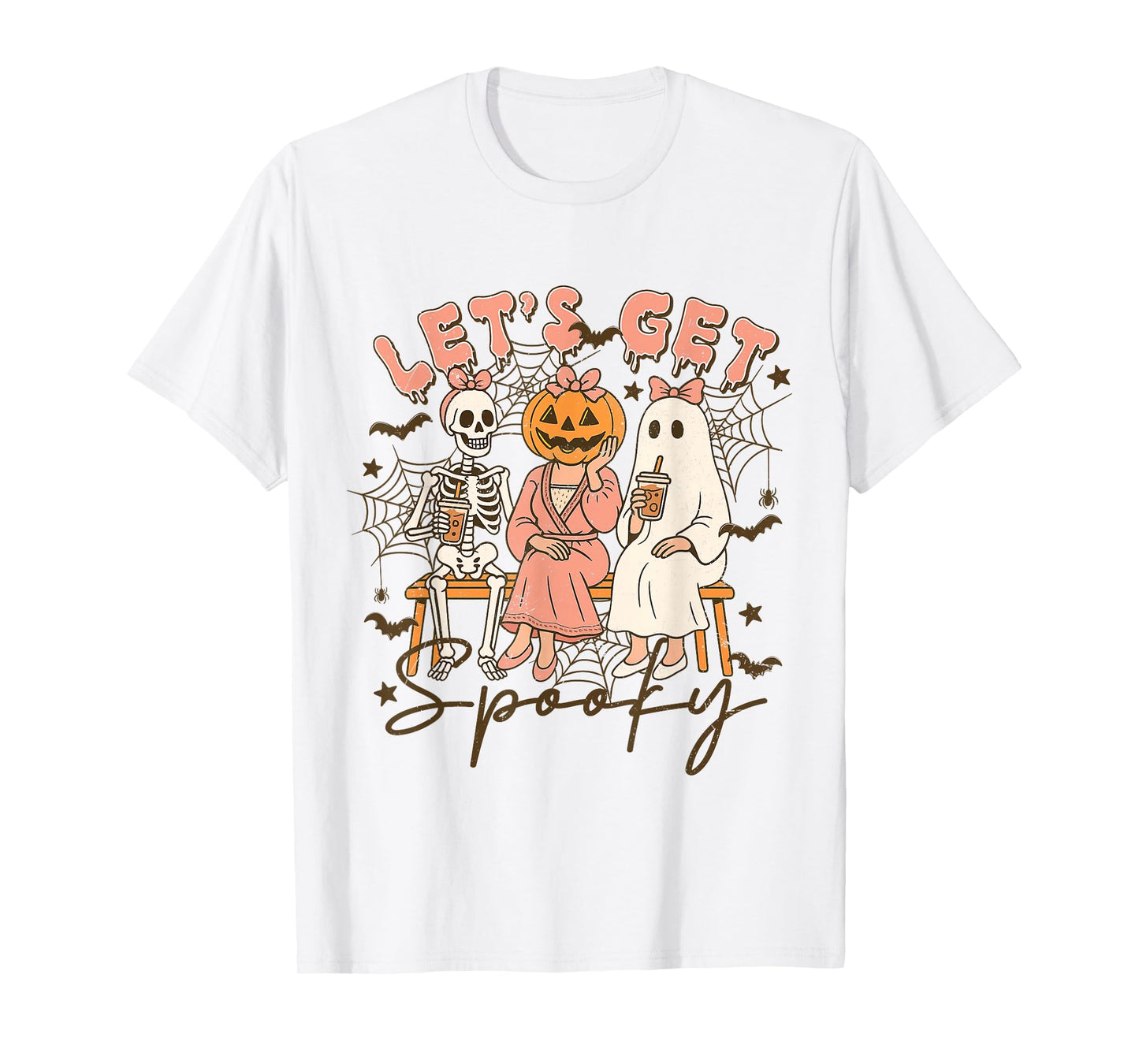 Retro Funny Let's Get Spooky Season Halloween Skeleton Ghost T-Shirt