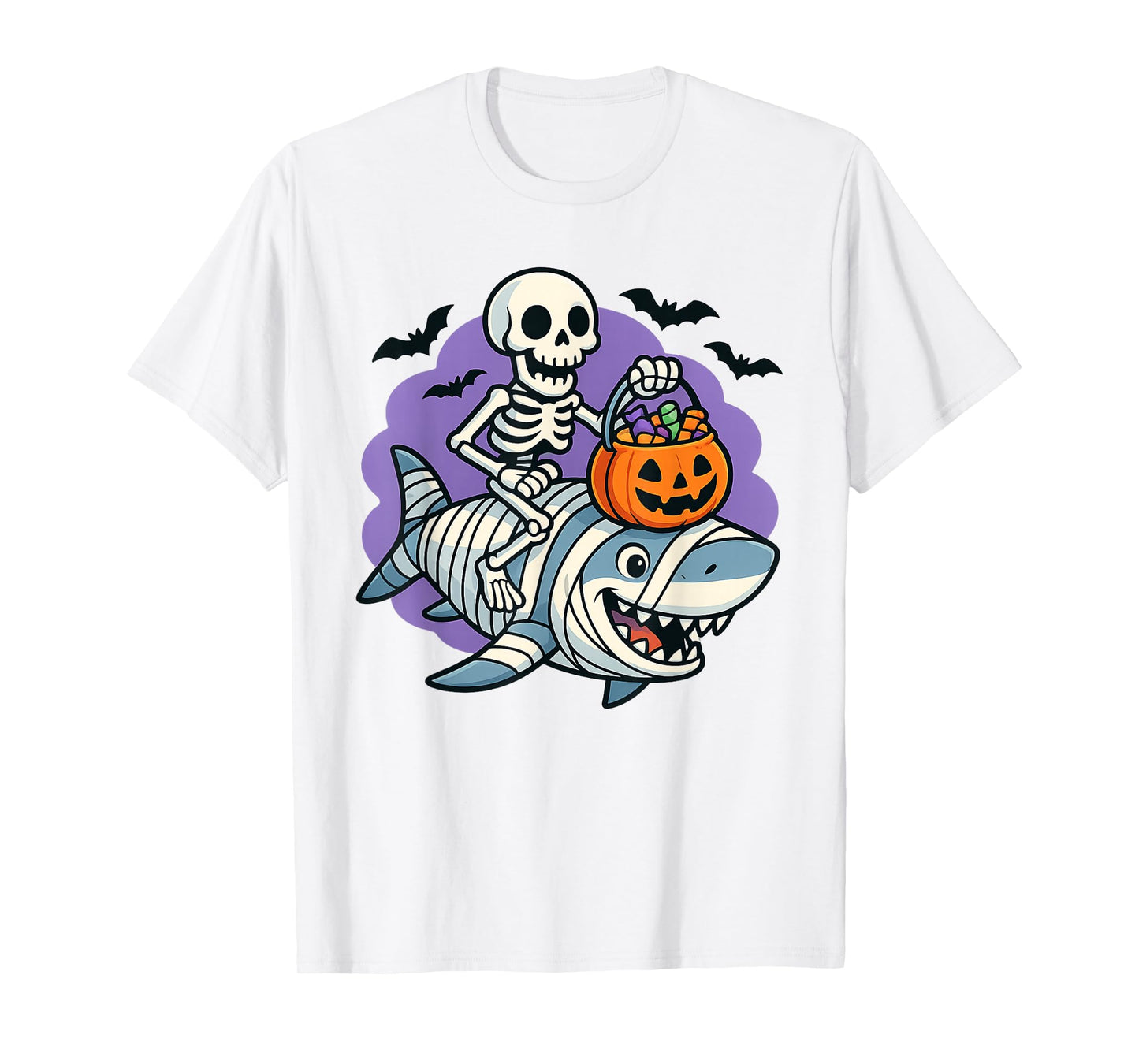Skeleton Riding Mummy Shark Funny Halloween Pumpkin Kids T-Shirt