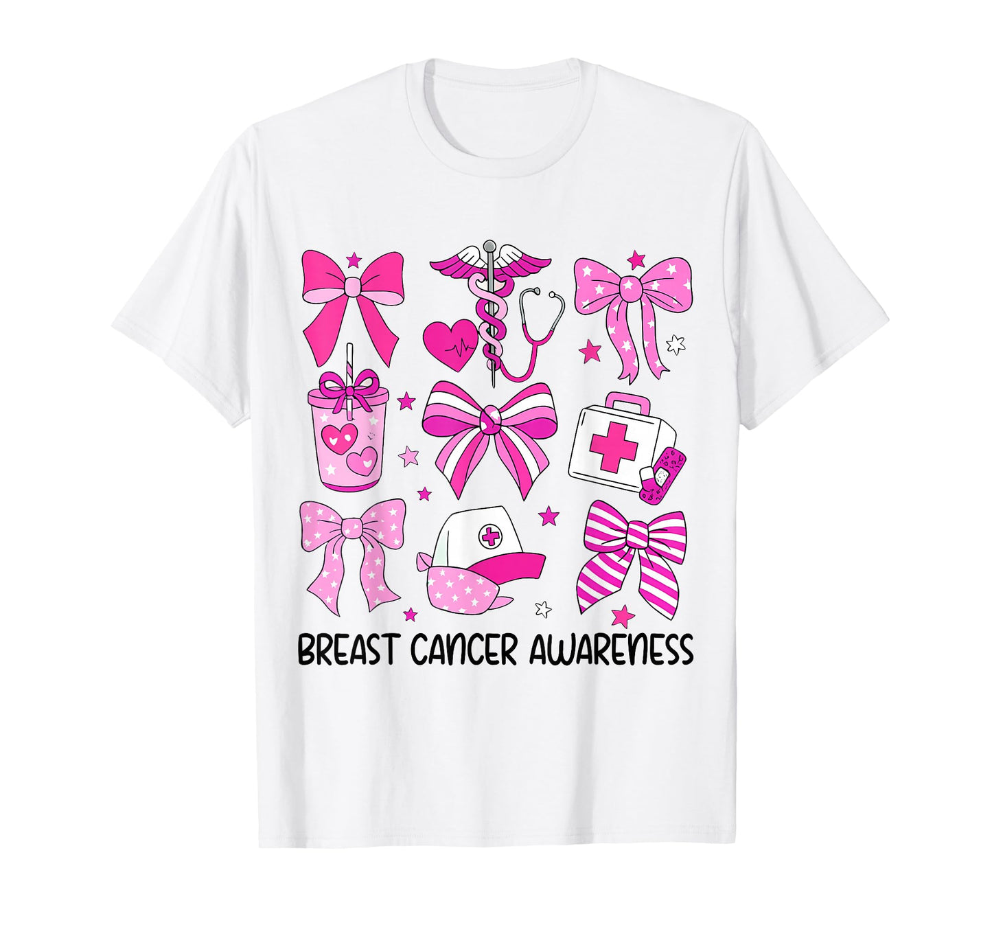 Bow Breast Cancer Awareness Nurse RN CNA Medical Wear Pink T-Shirt