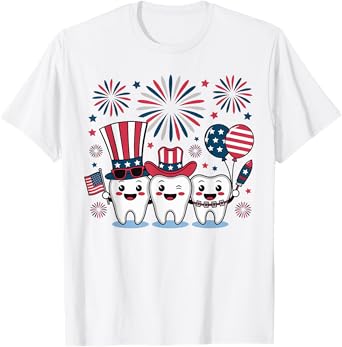 4th of July Dentist US Flag Firework Three Teeth Dental Team T-Shirt