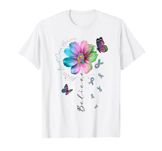 Believe Green Teal Pink Ribbon Cosmos Flower Butterfly MBC T-Shirt