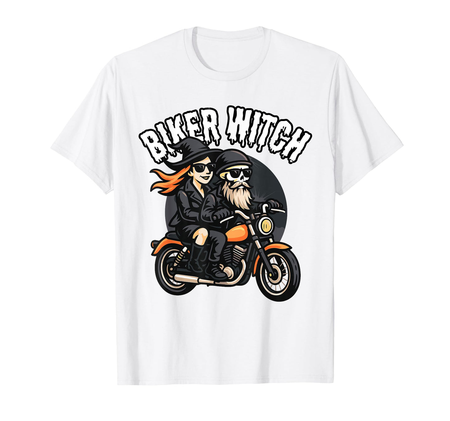 Halloween Funny Biker Witch & Skeleton Riding a Motorcycle T-Shirt