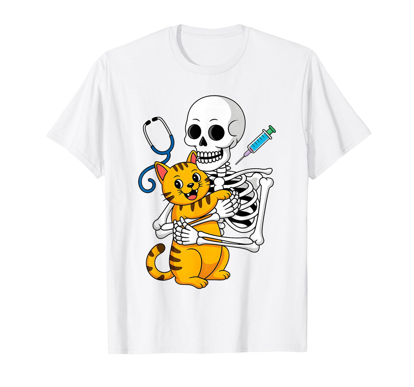 Skeleton Hugging Cat Funny Vet Cat Lover Halloween Men Women T-Shirt