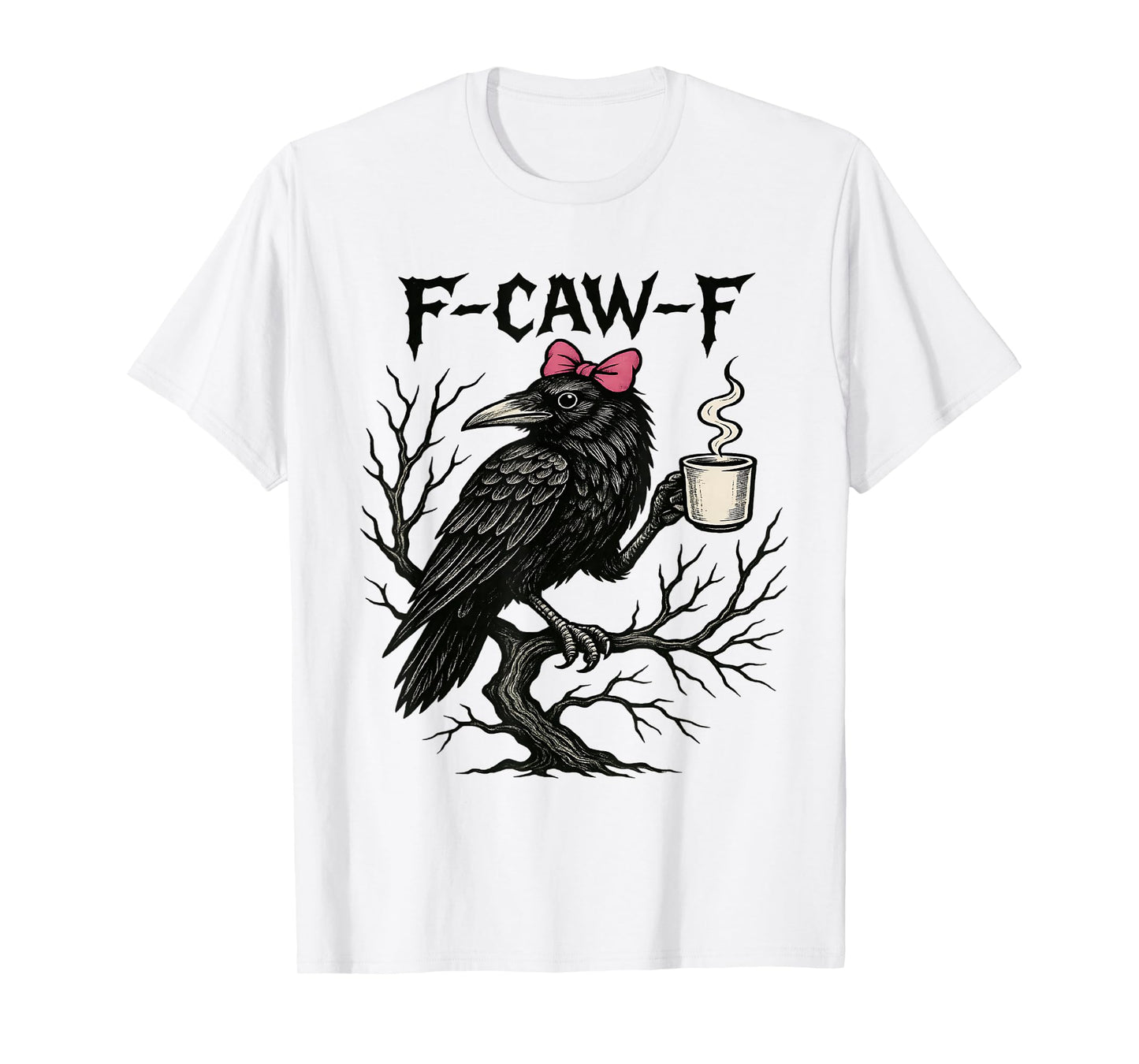 Black Crow Skull F-Caw-F Funny Retro Coquette Bow Halloween T-Shirt