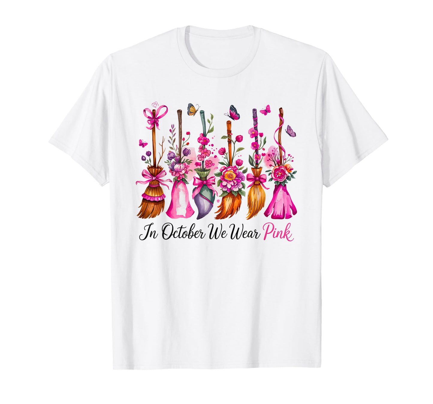 in October We Wear Pink Witch Broom Breast Cancer Awareness T-Shirt