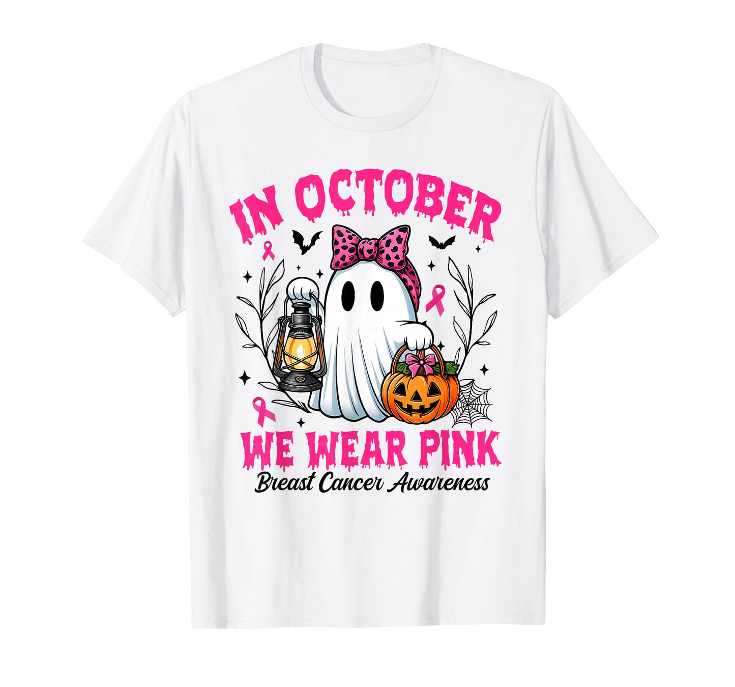 in October We Wear Pink Ghost Witch Breast Cancer Awareness T-Shirt