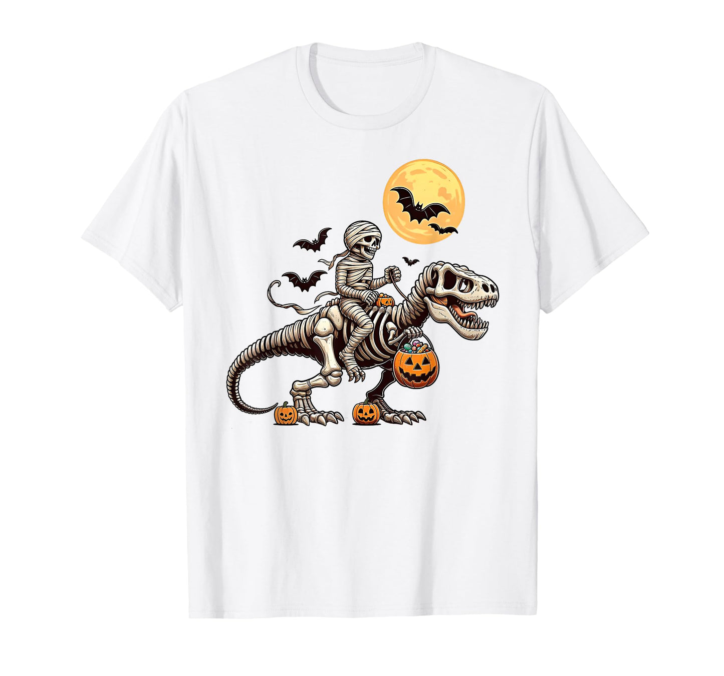 Mummy Skeleton Riding Dinosaur T Rex Halloween Kids Boys Men T-Shirt