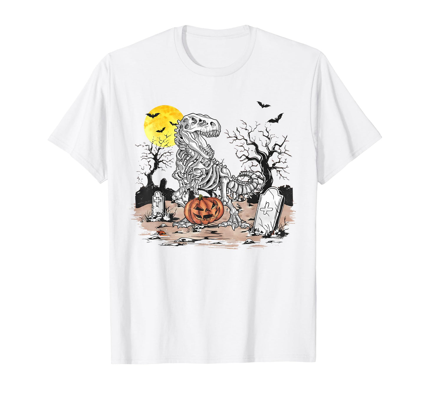 Retro Halloween Boys Dinosaur Skeleton Scary Pumpkin Moon T-Shirt