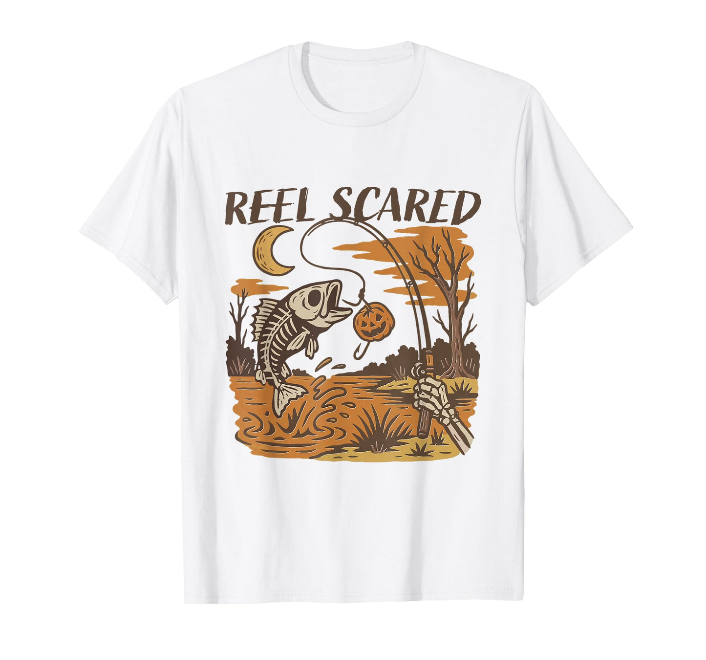 Reel Scared Halloween Fishing Funny Skeleton Fisherman T-Shirt
