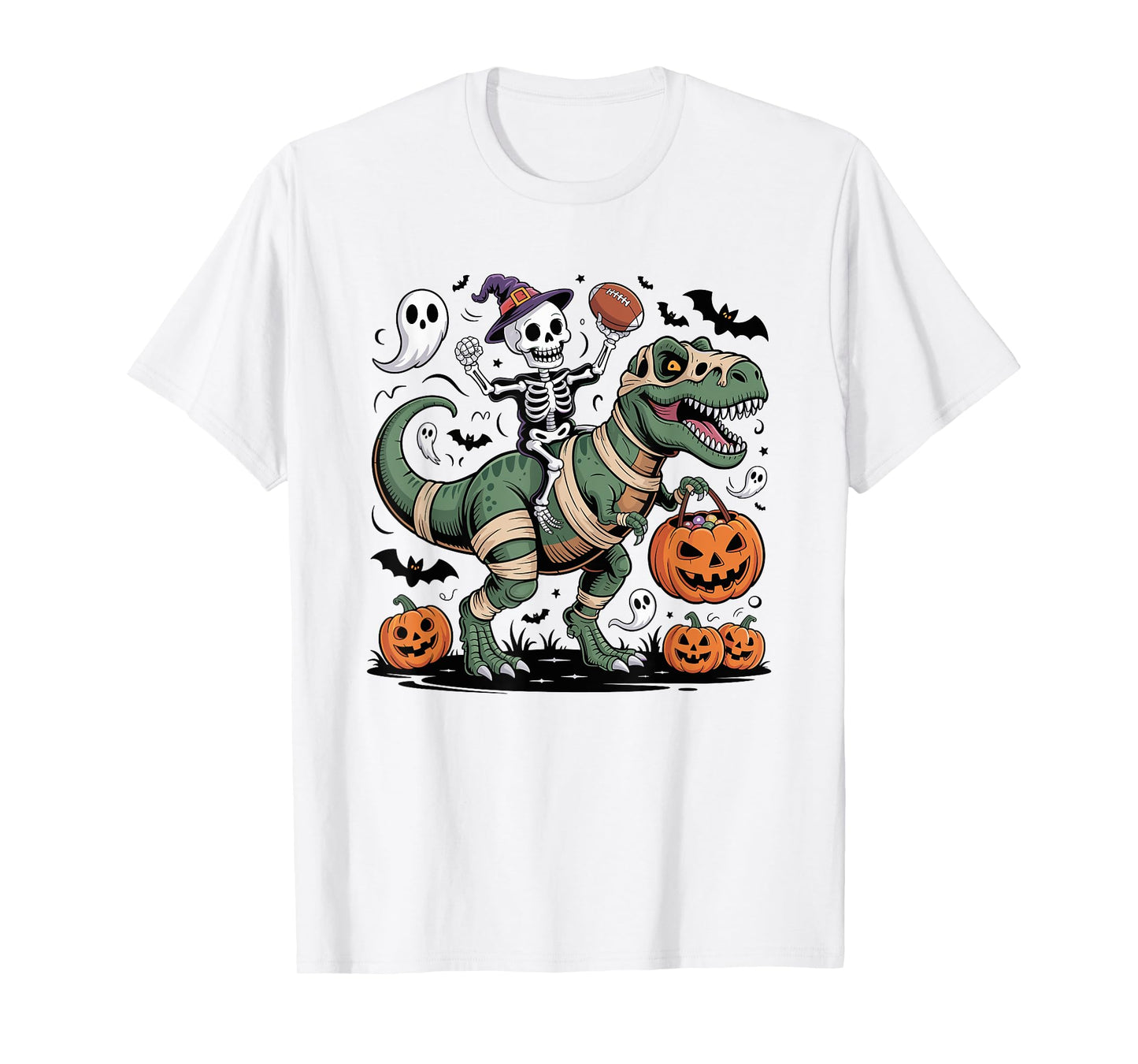 Football Skeleton Riding Mummy Dinosaur T-Rex Halloween Boys T-Shirt