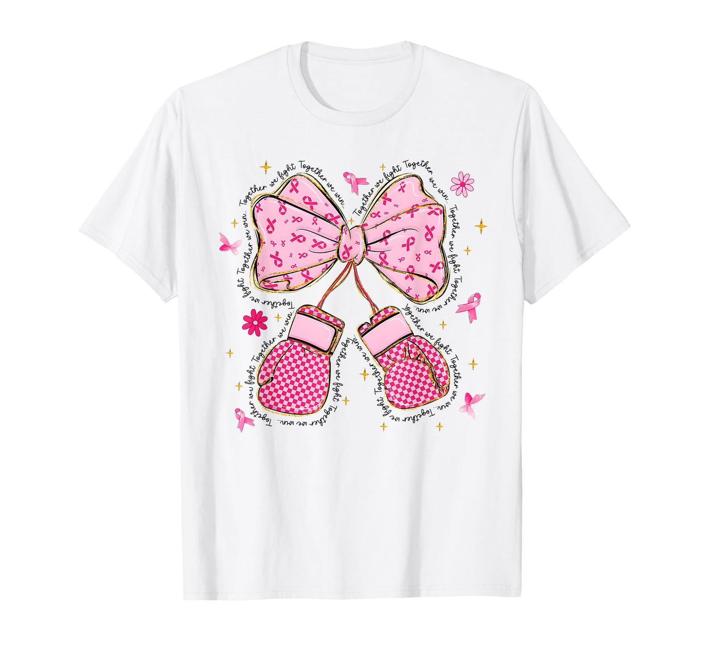 Pink Ribbon Boxing Gloves Together We Fight Breast Cancer T-Shirt