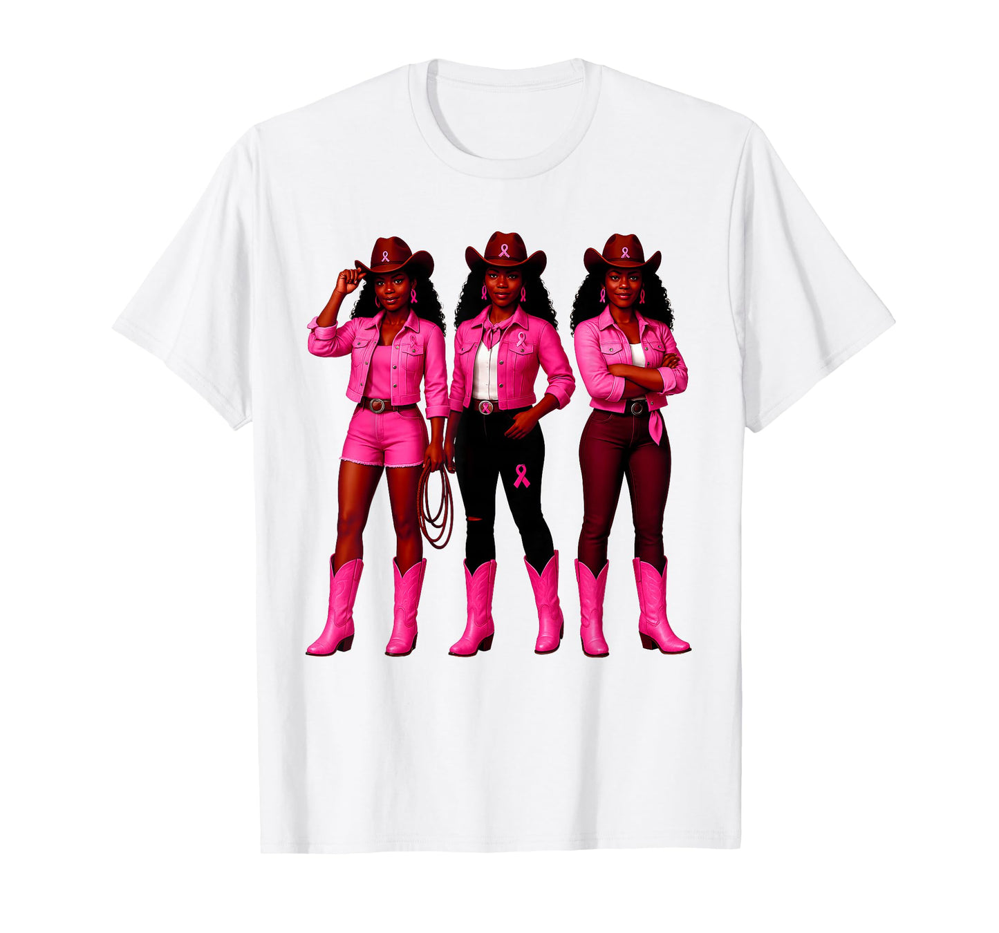 Western Cowgirls Pink Ribbon Breast Cancer Black Women Girls T-Shirt