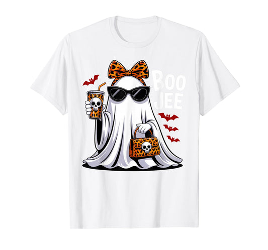 Coquette Leopard Ghost Coffee Boo JEE Halloween Boujee Ghost T-Shirt