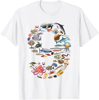 9 Years Old 9th Birthday Sea Ocean Animals Figures Number 9 T-Shirt