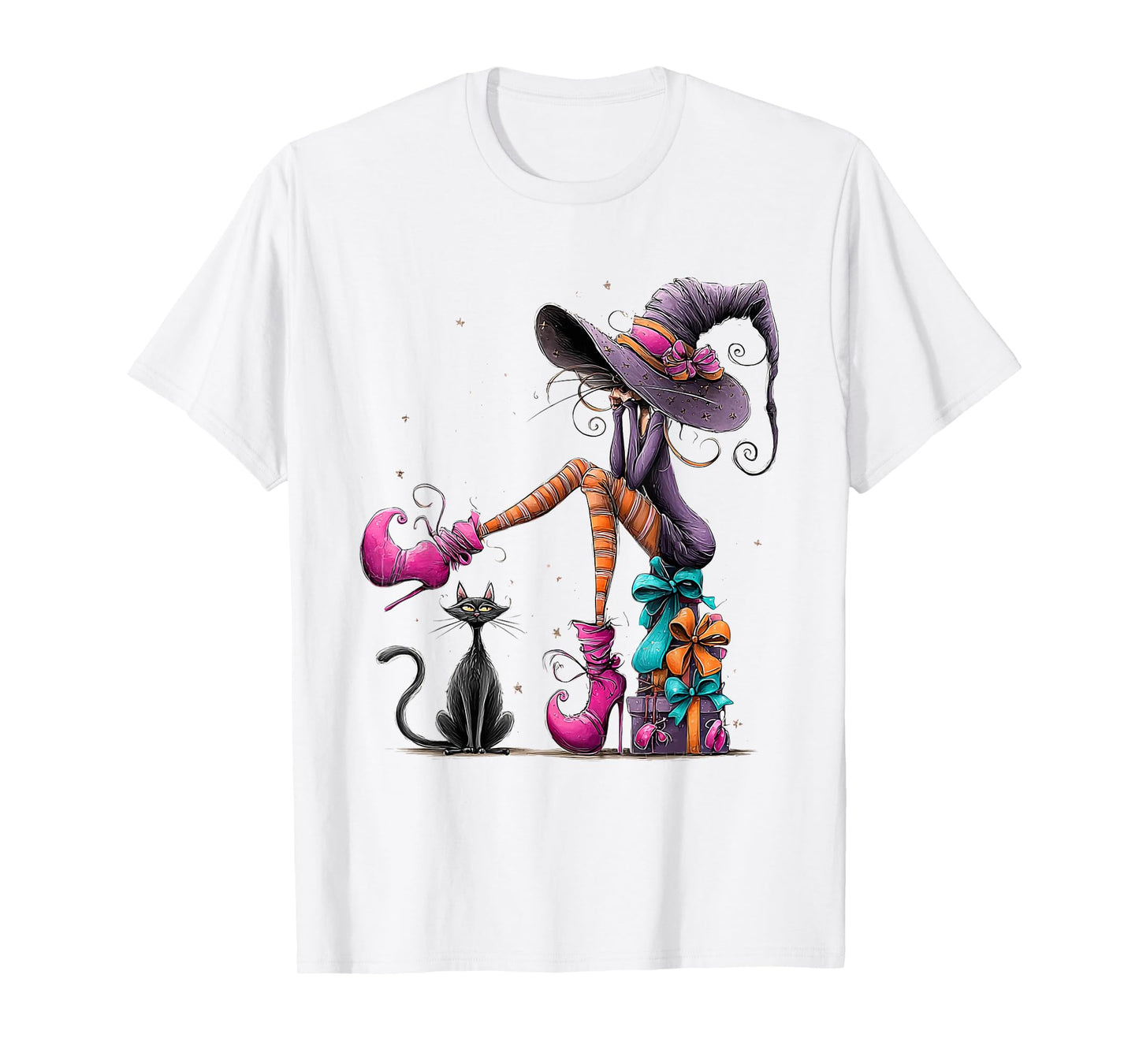 Spooky Witch High Heels with Black Cat Halloween Pumpkin T-Shirt